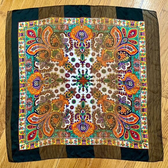 Bright Paisley Floral Mandala Square Poly Scarf With Black Sheer Border Vintage - Picture 1 of 4